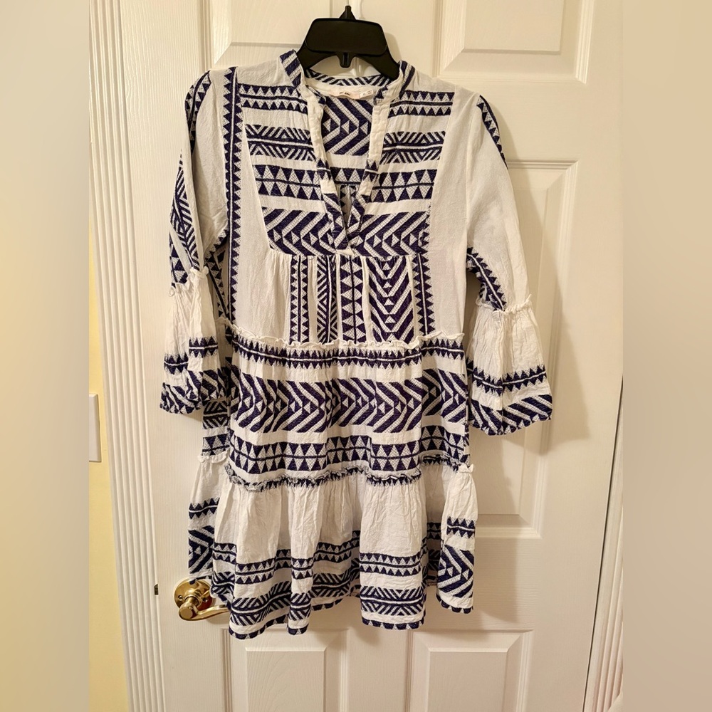 Bohemian White and Blue Patterned Dress/ Cover up